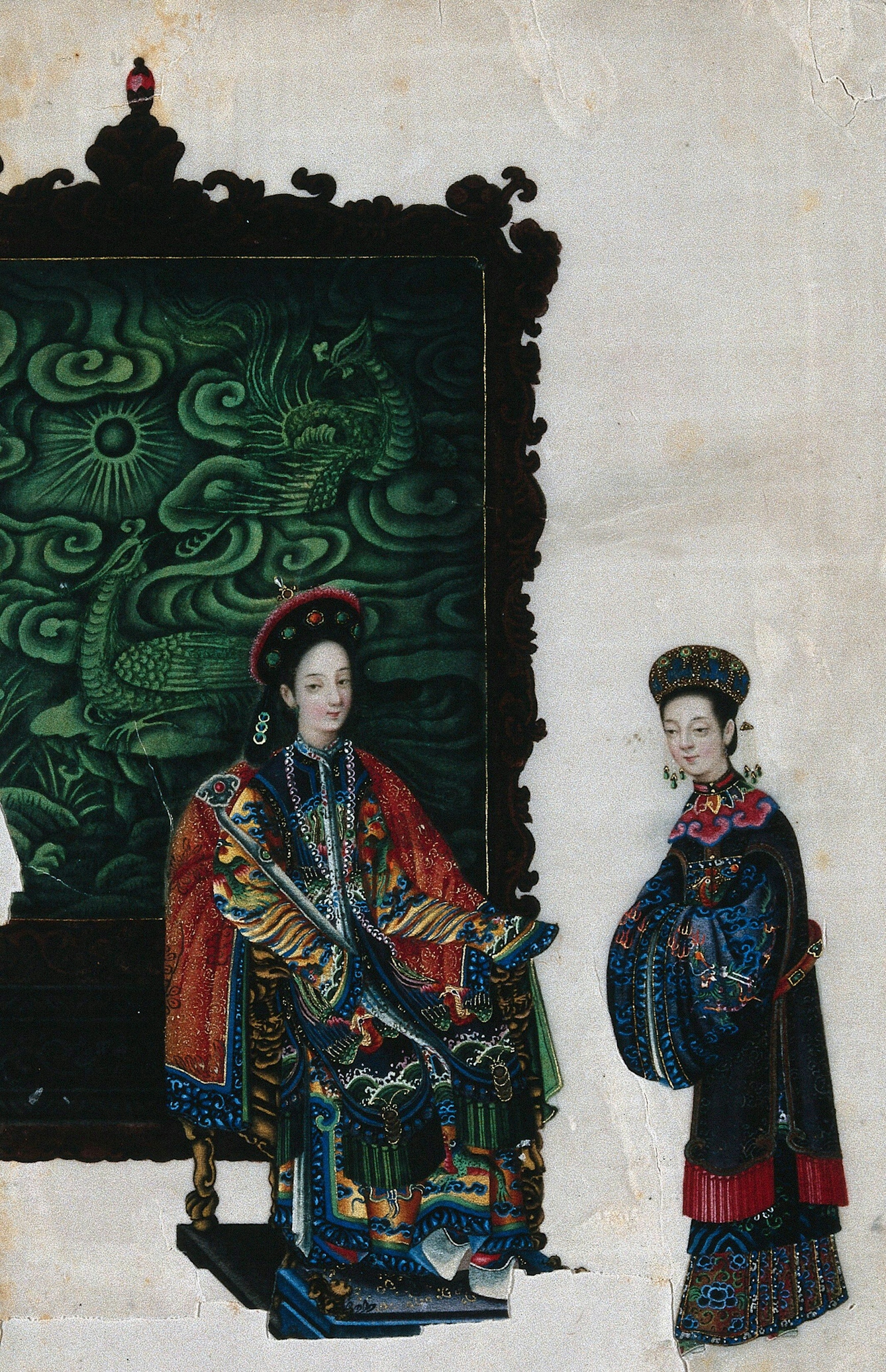 19th century painting of a Chinese lady sat on a chair with her attendant standing to the right. Both are dressed in colourful clothing, her attendant is wearing a cloud collar. Behind the women. there is a green painted screen. 