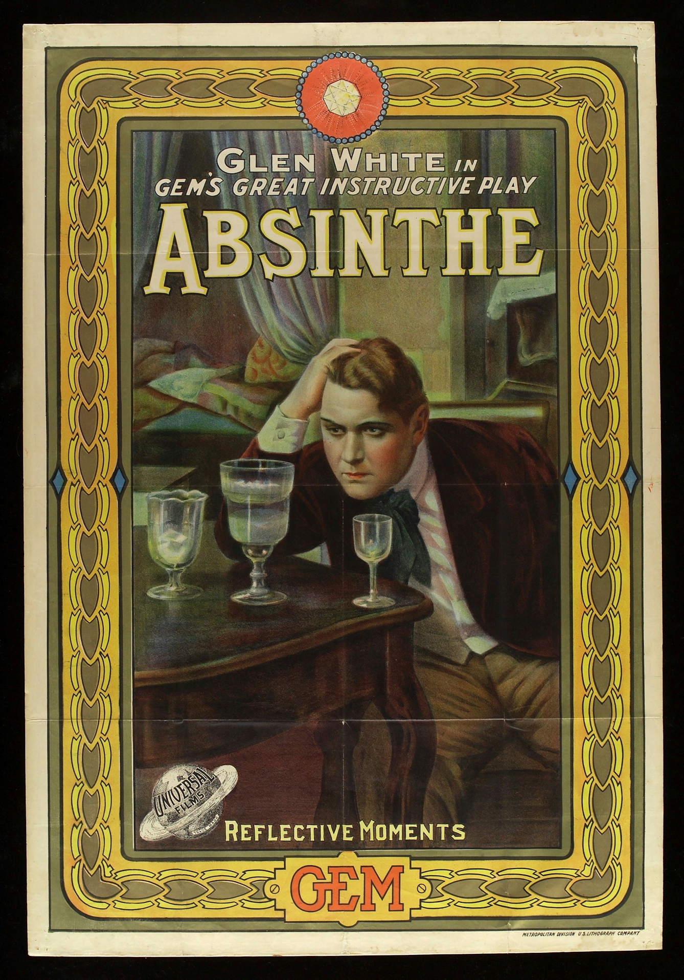 An illustrated poster showing an unhappy-seeming man sitting at a table, with one elbow on the table and his head resting in his hand. There are three glasses of three different sizes on the table.