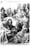 Black and white image of a crowd of men seated around a female angel.