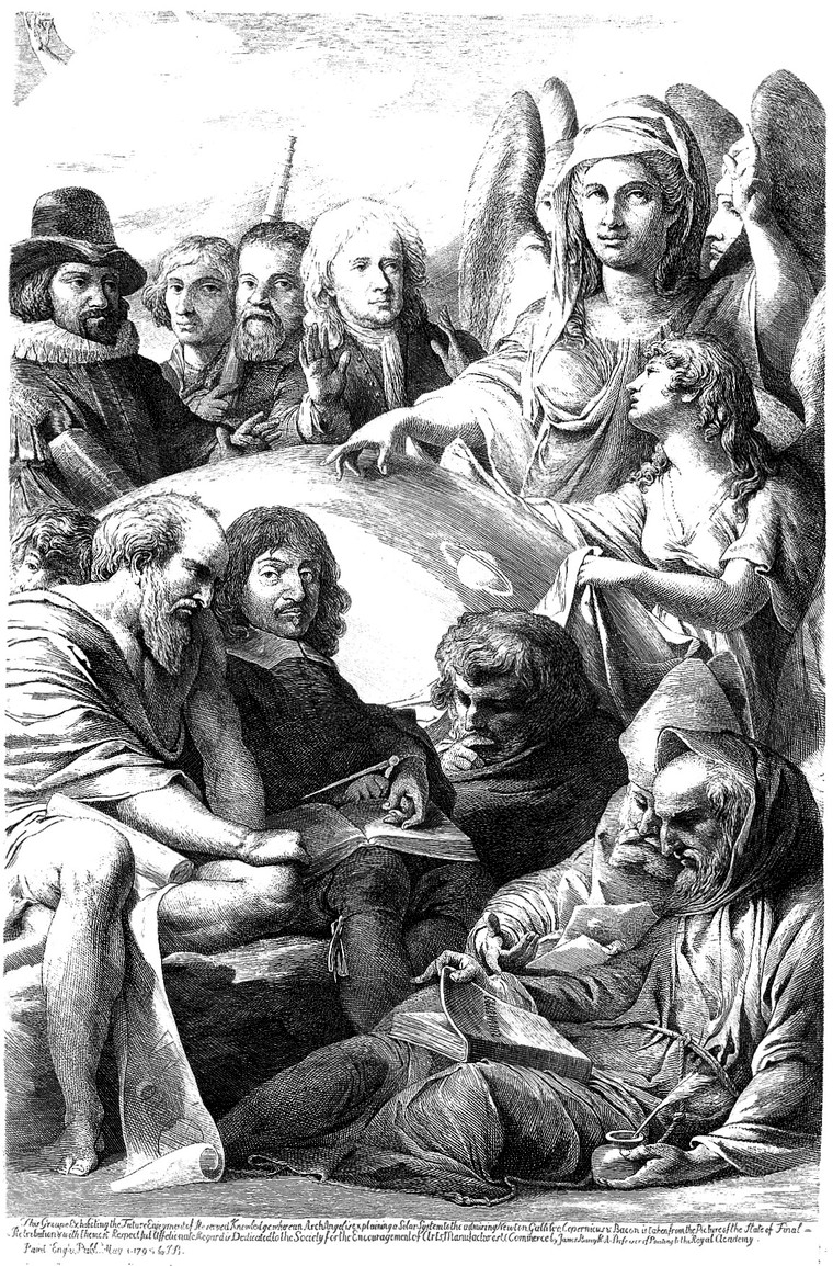 Black and white image of a crowd of men seated around a female angel.