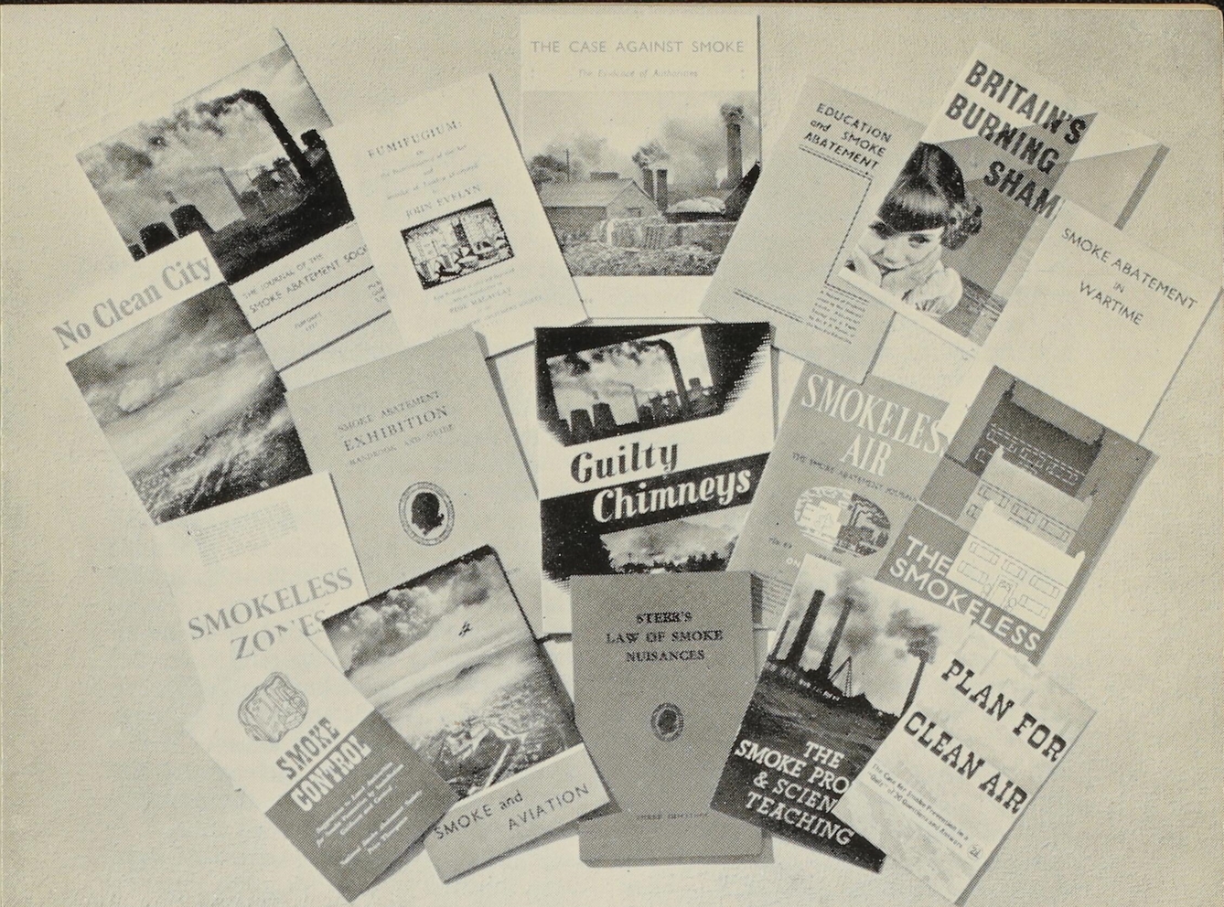 Black and white image of fanned-out pamphlets including "Guilty Chimneys", "No Clean City" and "Britain's Burning Shame".