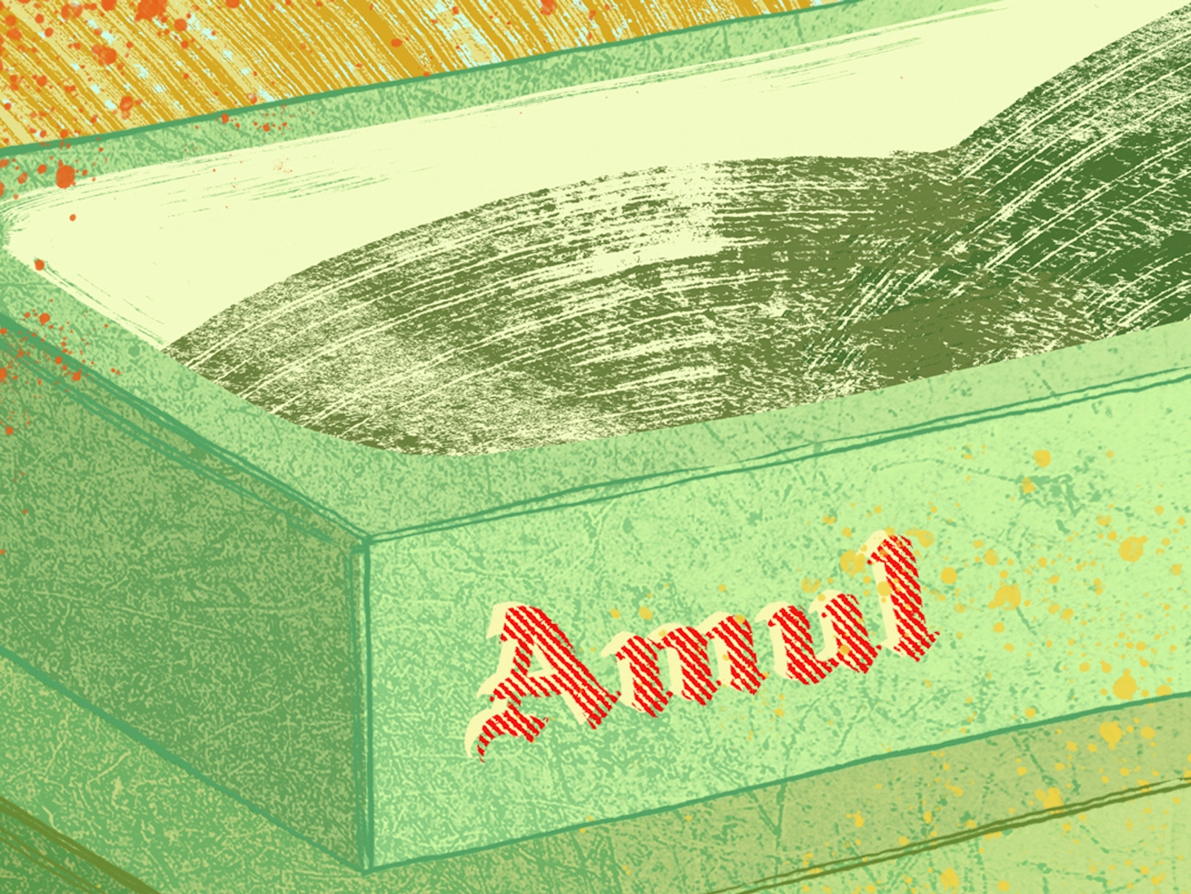 A digital illustration of packs of Amul butter. The packs are bright green with the red text of 'Amul' on the side, in the background are orange and yellow swirls representing butter. 