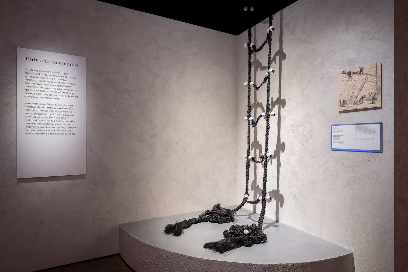 A display in an exhibition space containing a rope latter made of dark plaited hair suspended from the ceiling. On one wall next to it is a written panel entitled 'Har and community', on the adjacent wall is an artwork showing a large wall with figures on top and at the food and a very long ladder being raised. 