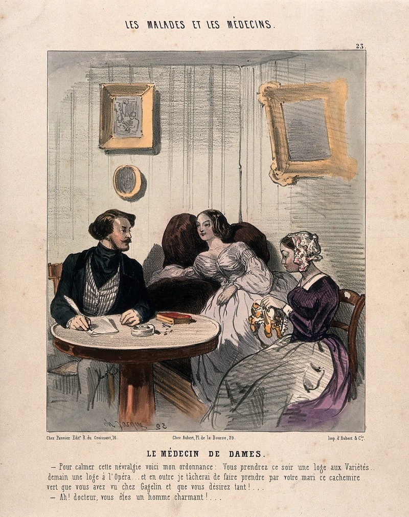 Image of lithograph with watercolour featuring a man, a women in a nice dress and a maid sat around a table. 