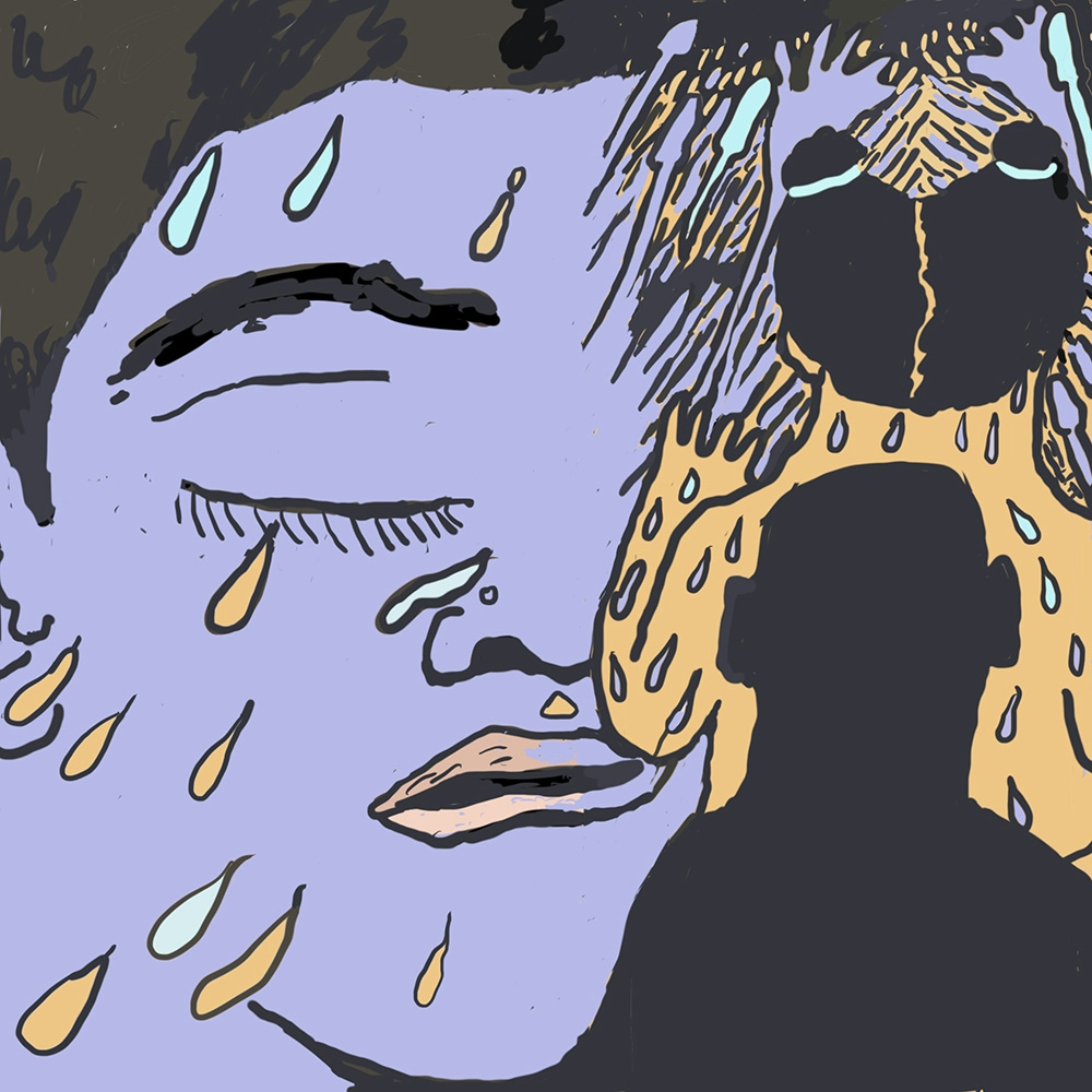 Webcomic showing half a face with a closed eye, coloured purple, with blue and orange droplets on. On the right of the frame, the silhouettes of two people are shown, one coloured yellow with purple and blue droplets on their body, and one black.