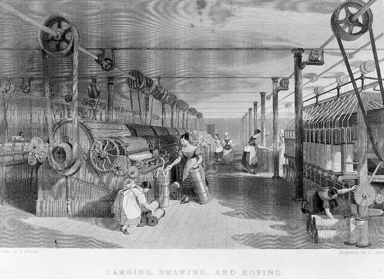 19th century engraving showing several workers in a cotton manufacturing factory. 