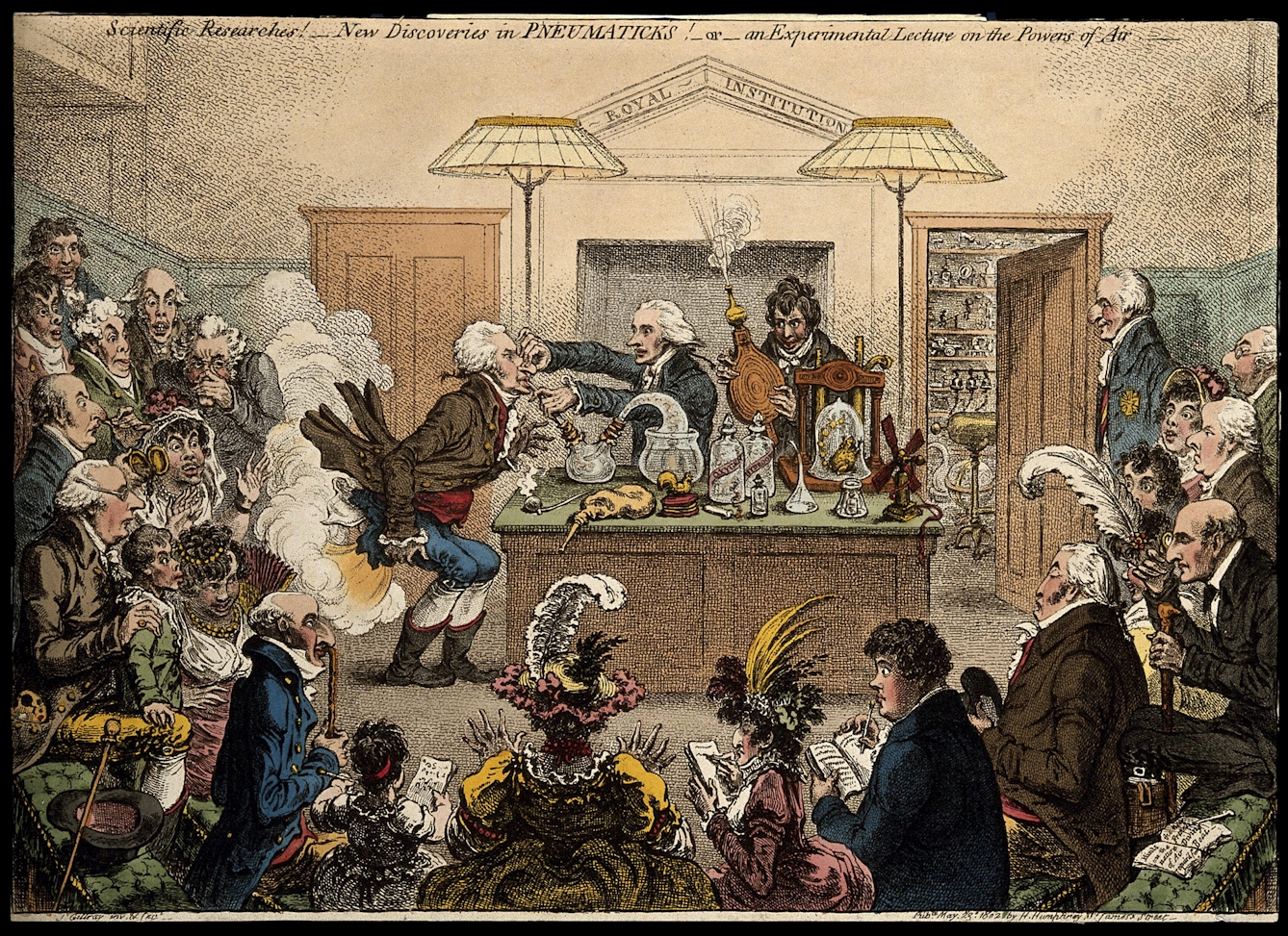 Colour print of a scientific lecture at the Royal Institution on London in the 19th century. One man stood behind a desk covered in scientific equipment is administrating gas to an older man at the same time, the man is expelling clouds of gas from his behind. A younger man stands beside the demonstrator with a set of bellows in his hands. They are watched by a crowd of wealthy men, women and children, dressed in fine clothing, many taking notes while seated in a lecture theatre. A group directly behind the man expelling gas hold their noses and pull faces in disdain.