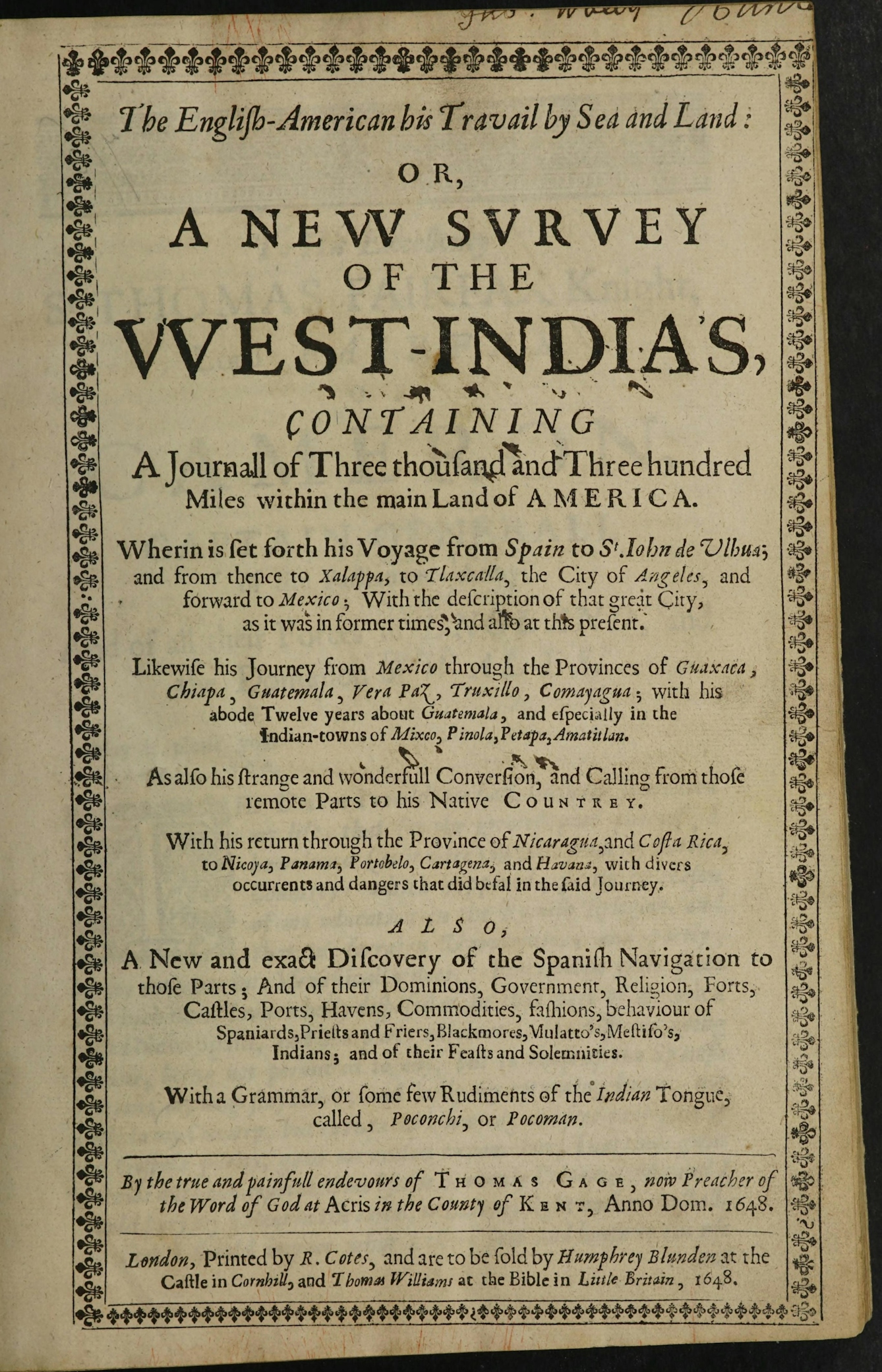 Title page of the book 'The English-American his travail by sea and land: or, a new svrvey of the West-Indias' by Thomas Gage.