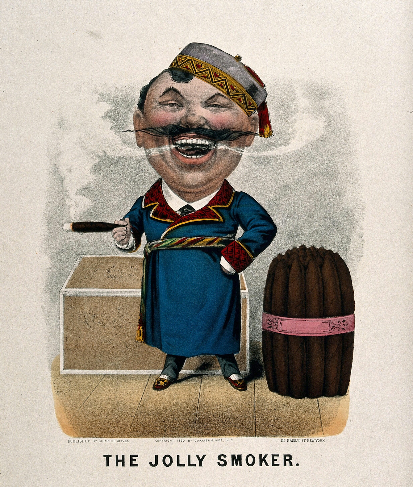 Colour illustration of "The Jolly Smoker" featuring a man with an extra large head exhaling smoke from an enormous cigar. The man has an extravagant moustache, and is wearing a hat and belted smoking jacket. He is smiling. He is standing beside a large bundle of giant cigars and in front of a large brown box.