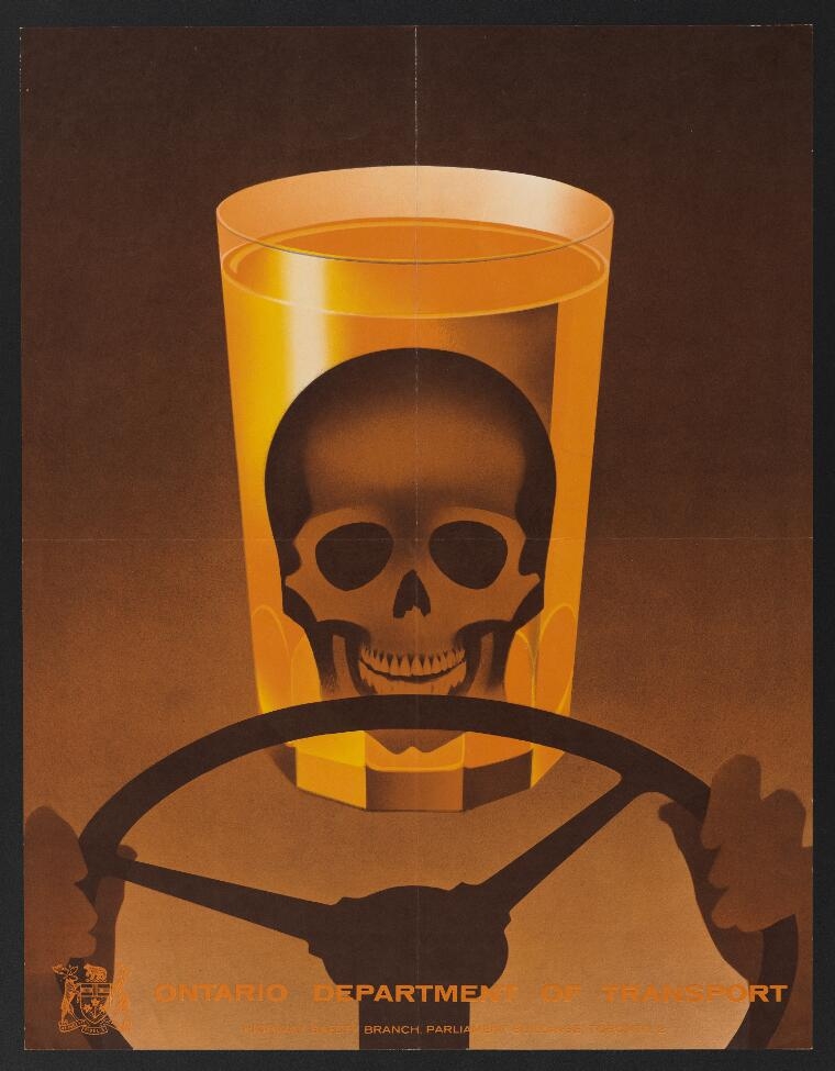 A poster featuring an illustration of a skull inside a drinking glass, positioned behind a steering wheel, which is gripped by a pair of gloved hands. The colour of the poster is varying shades of orange and brown. 'Ontario Department of Transport' is written in orange capital letters across the bottom of the poster.