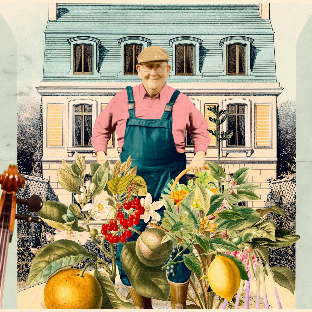 Mixed media digital artwork combining found imagery from vintage magazines and books with painted and textured elements. The overall hues are light blues, pinks, creams, greens and yellows. At the centre of the artwork is a photograph of an older man wearing glasses in a flat cap, smiling towards the viewer. He is wearing a pair of blue dungarees and a pink long sleeve collared shirt. Below and in front of his legs is a great collage of fruit and vegetables, flowers and leaves. Behind him in the background is a drawing of 3 storey home. The top floor is in the tiled roof which is tinted blue. To the left of the image is the profile of an older man with grey hair looking down towards the ground, facing the centre of the image. He is pictured from the chest up and is wearing a blue suit jacket, white shirt and a red tie. Behind him is an old illustration of a grand library room with large bookshelf and old furniture. In front of his nose is the neck and pegbox of a stringed instrument, probably a cello, appearing into view. To the right of the image is the profile of an older man with grey hair looking down towards the ground, facing the centre of the image. He is pictured from the chest up and is wearing a yellow cycling shirt and a cycle helmet with orange lights around the side at the back. Behind him is an illustration of a large mountain scene with rock faces, valley and the buildings in a small village.