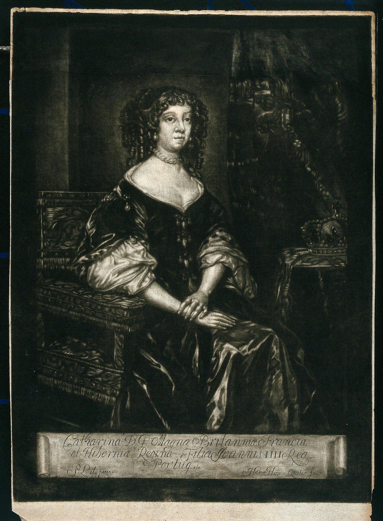 Mezzotint of Catherine of Braganza, consort of King Charles II. Catherine is shown sitting demurely, wearing a long dress and her arms crossed into her lap. To her left is a bejewelled crown. 