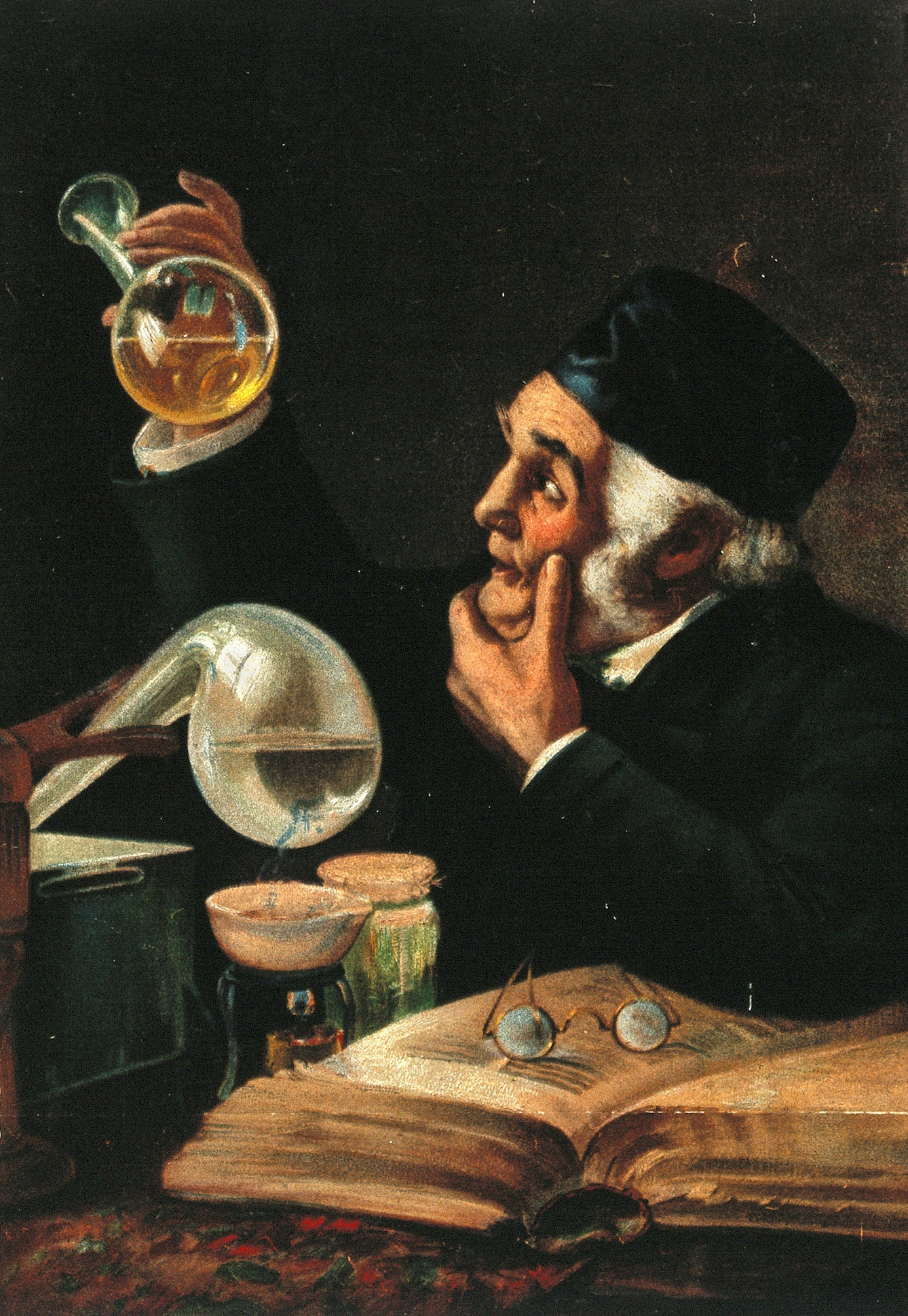 Colour print of a man seated at a desk holding a flask of yellow liquid up to the light.
