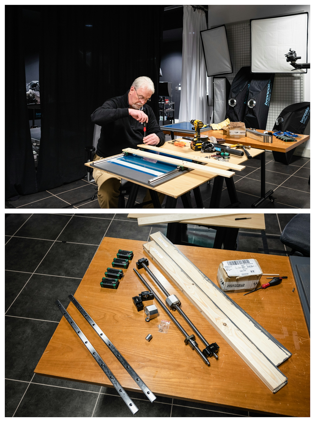 Photographic diptych. The image on the top shows a man seated at a table in a photographic studio. On the table are various hand tools and he is in the process of using a screwdriver. The image on the bottom shows a close-up of the table with wood and metal mechanical elements laid out.