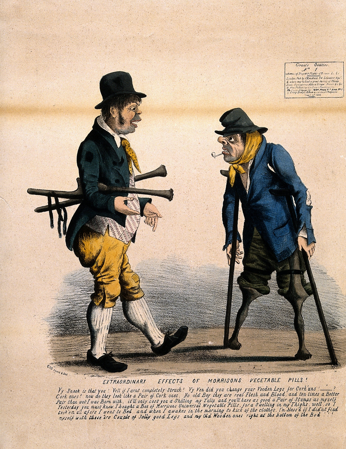 A man carrying a pair of wooden stumps under his arm talking to a a man on crutches and wooden stumps instead of legs