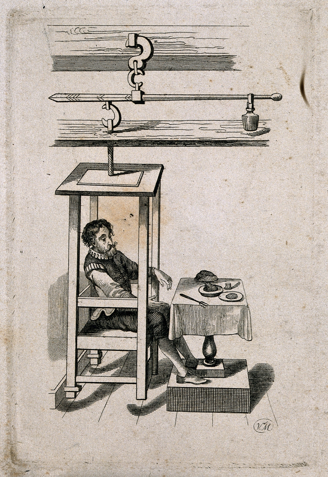 Sanctorius Sanctorius, an experimentalist sitting in a chair hanging from a lever, with a table set with food before him.