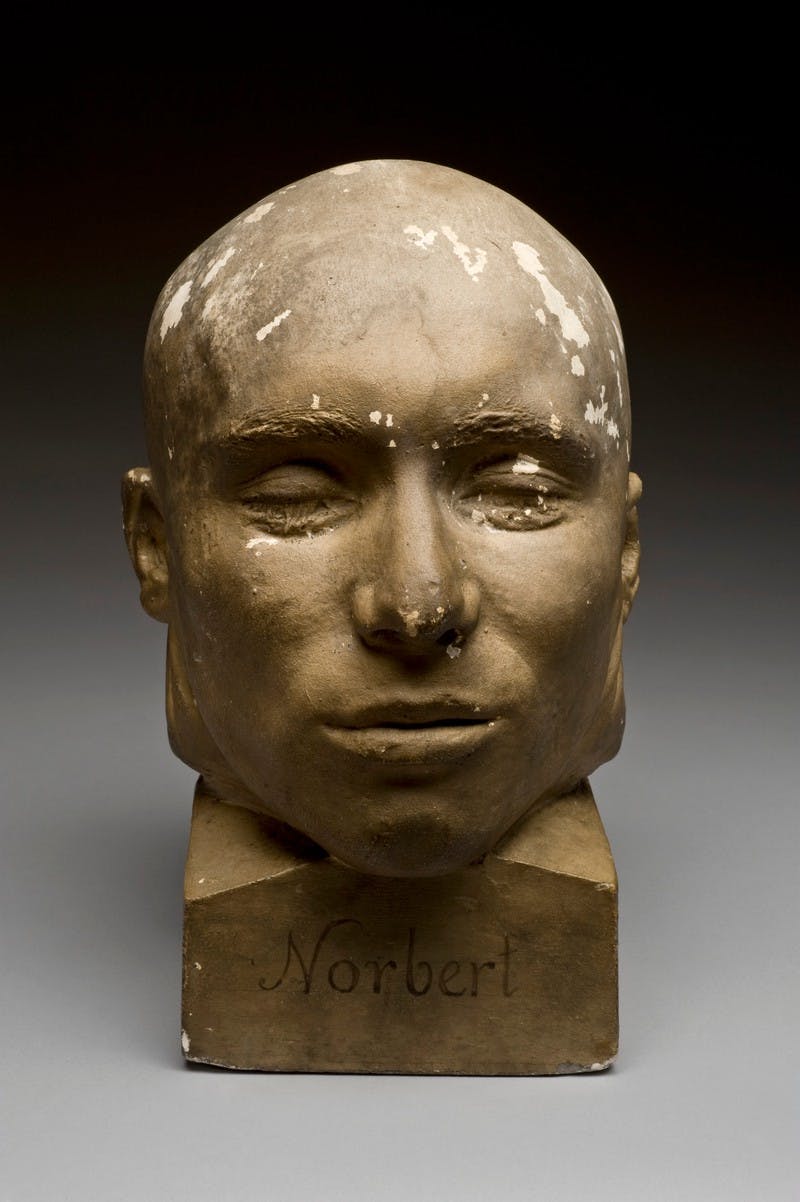 Image of death mask, a painted plaster head representing French criminal Norbert