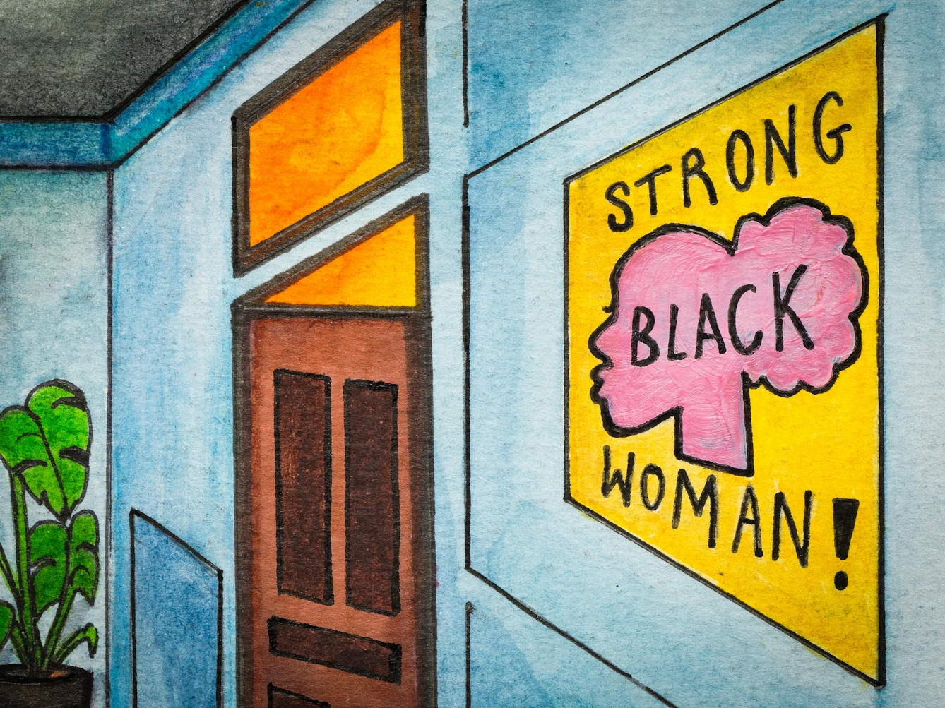 Detail from larger colourful artwork made with paint and ink on textured watercolour paper. The artwork shows a scene in a bedroom with predominantly hues of blues, greens and yellows. On the wall to the right is a large yellow poster with the words 'Strong Black Woman!' Written across a drawing of a Black woman's head seen in profile. 