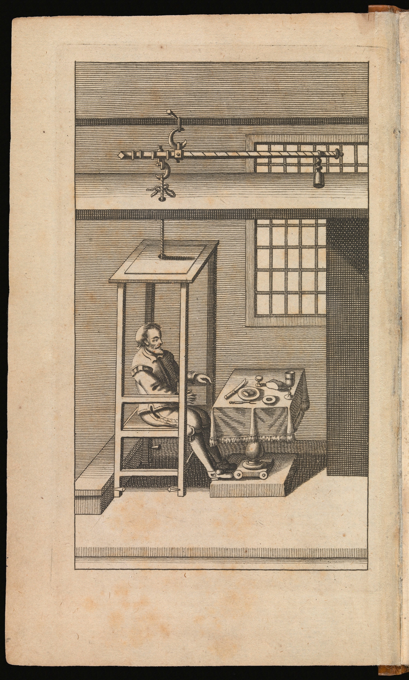 Engraving showing Sanctorio sitting in a lift-like frame with a seat, in front of a table set with food, to show how he measured everything he consumed and excreted. 