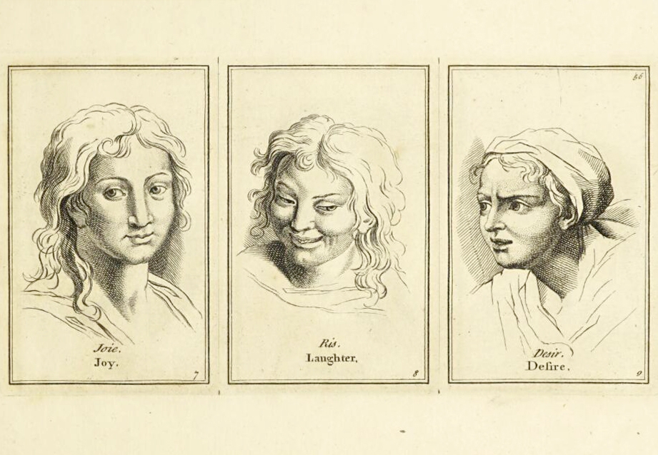 Three facial expressions for joy, laughter and desire after Charles Le Brun.