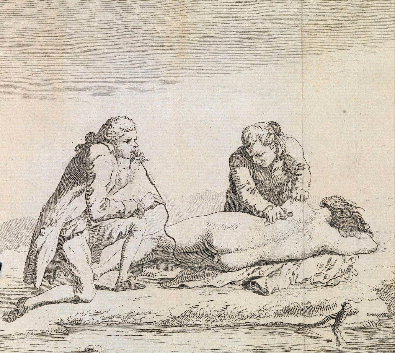 Engraving showing a naked woman laying beside a river whilst one man holds her shoulder and another blows into a pipe with a tube that goes into the woman's bottom.