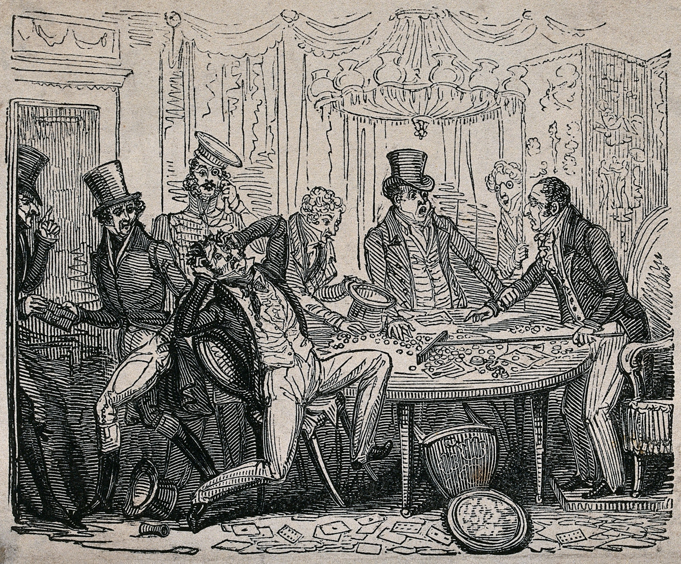 An engraving showing a man holding his head in despair as the croupier claims all his chips in the gambling game.
