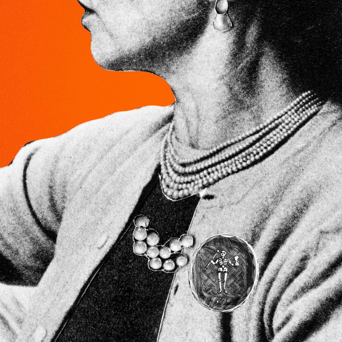 Coloured photograph of a black and white paper collage on a bright orange background. The upper body, neck and lower facial profile of a lady is shown. She is wearing a layered pearl necklace, a dangling earring and two different brooches. Inside one of the brooches there is plaited strands of hair and a small skeleton embellishment. 