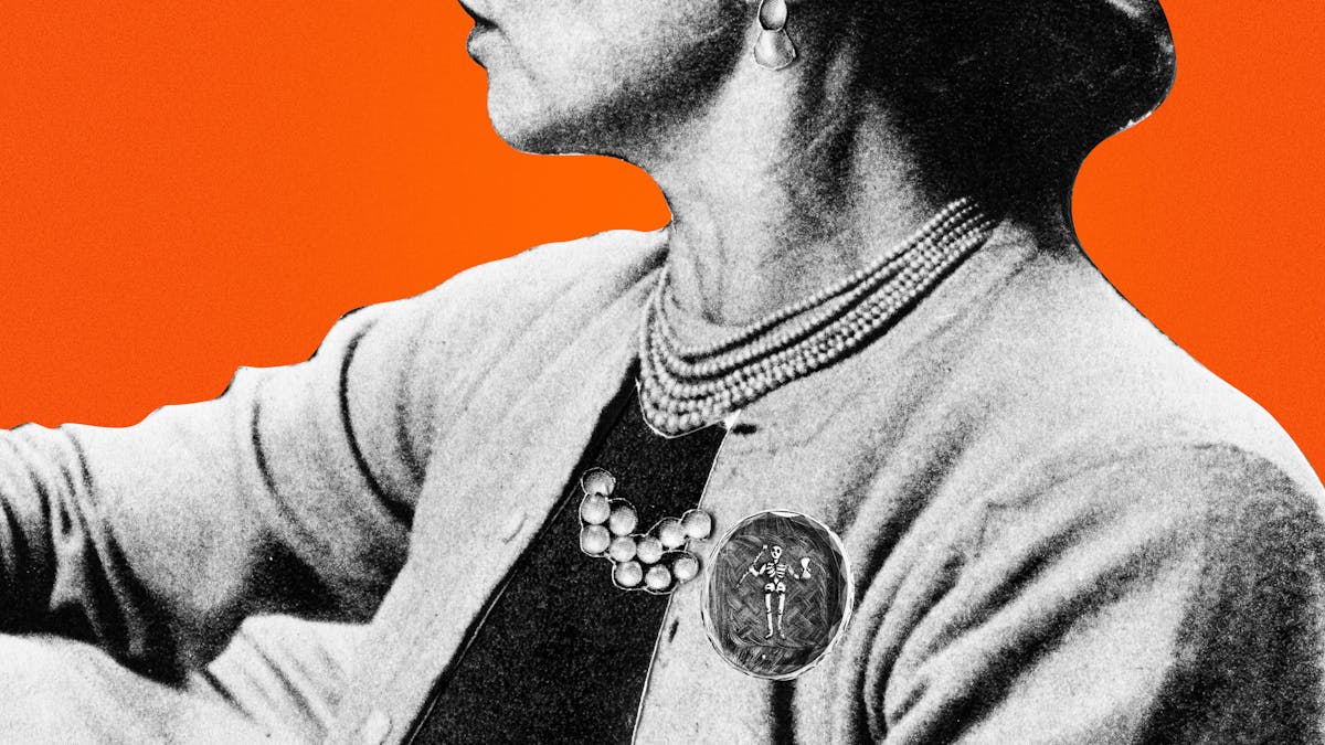 Coloured photograph of a black and white paper collage on a bright orange background. The upper body, neck and lower facial profile of a lady is shown. She is wearing a layered pearl necklace, a dangling earring and two different brooches. Inside one of the brooches there is plaited strands of hair and a small skeleton embellishment. 