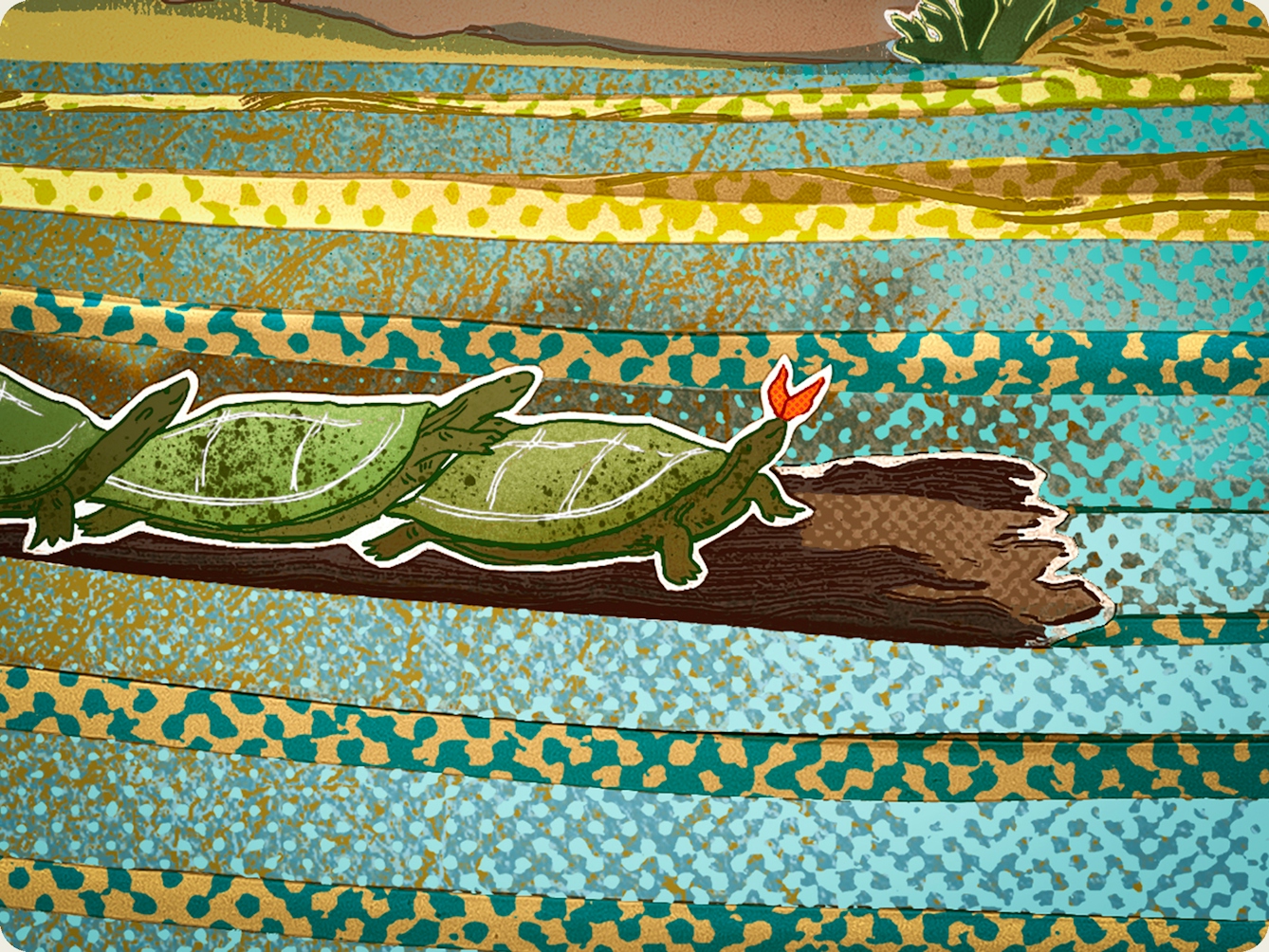 Photograph of a papercut 3D artwork. Detail from a larger artwork, showing a mottled blue and gold river with blue and yellow stripes indicating the river’s curvature. In the foreground, three tortoises are piled on top of a floating log, travelling downstream. The first tortoise holds a red flower in its mouth whilst looking slightly upwards. Some green shrubbery is shown on the riverbank in the background.