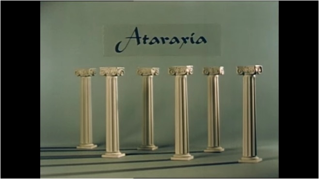 Text reading 'Atataxia' overlays a plain grey-green background above four Greek style pillars