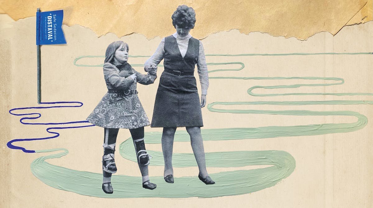 Mix media artwork made up of archive photographs and painted elements. The image shows a black and white photograph of a mother and daughter holding hands, walking along. They have been cut out from the background of the original photograph. The young girl is holding a guinea pig to her chest with her right hand and holding her mother's hand with her left. Her legs and feet in shoes are strapped into short prosthetic legs which also have a shoes on the feet. The mother is looking down at her daughter's feet, helping her to walk. In the distance is a mountain range made up of a torn yellowing piece of paper. To the left is a three dimensional blue flag with the words, 'Safe Sedation DISTAVAL' written on it. From the base of the flag is a thin blue line the same colour as the flag, which winds its was towards the mother and daughter. As is approach it gets broader and abruptly changes colour to a light green. The broad line travels under the feet of the figures and then away into the distance behind them and to the right. The Lins is draw in paint and the texture of the paint can be seen.