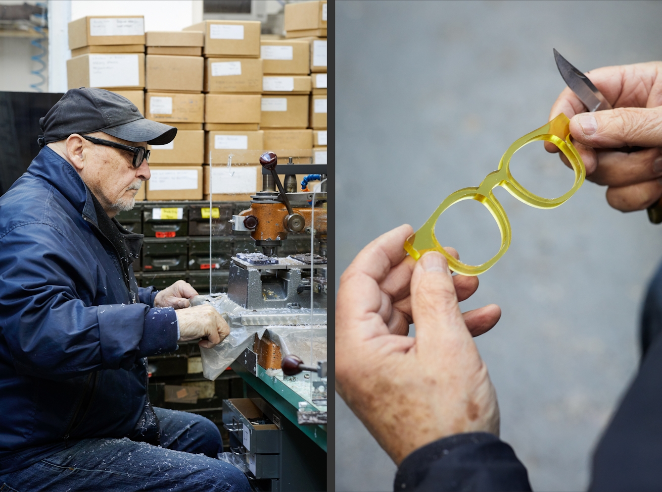 Photographic diptych. The image on the left shows an older man sat at a workbench controlling a milling machine. He is wearing a blue jacket and a black cap. The image on the right shows the hands of the same man holding a pair of unfinished yellow acetate spectacle frames.