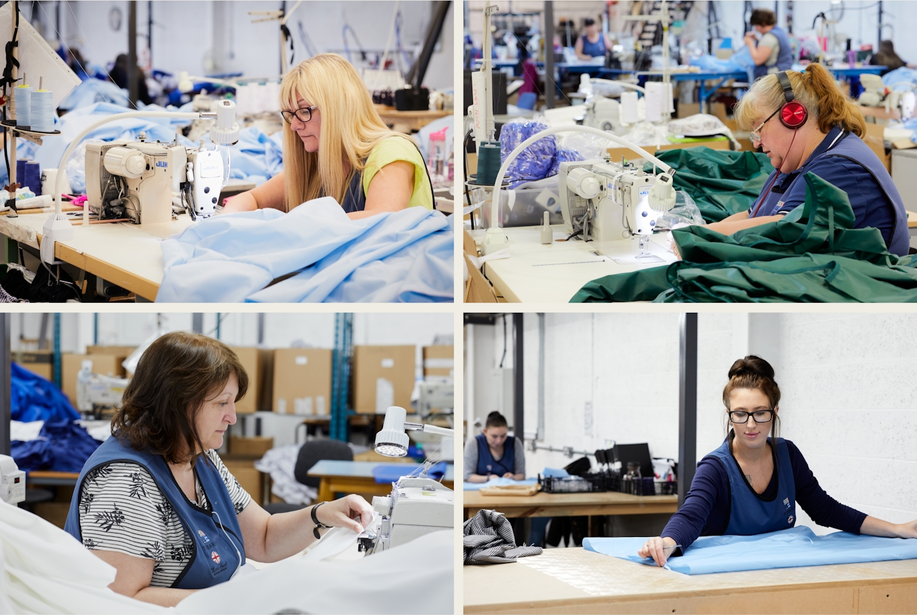 A grid of four photographs. Each image shows a different woman working at a sewing machine surrounded by light blue, green or white fabric.