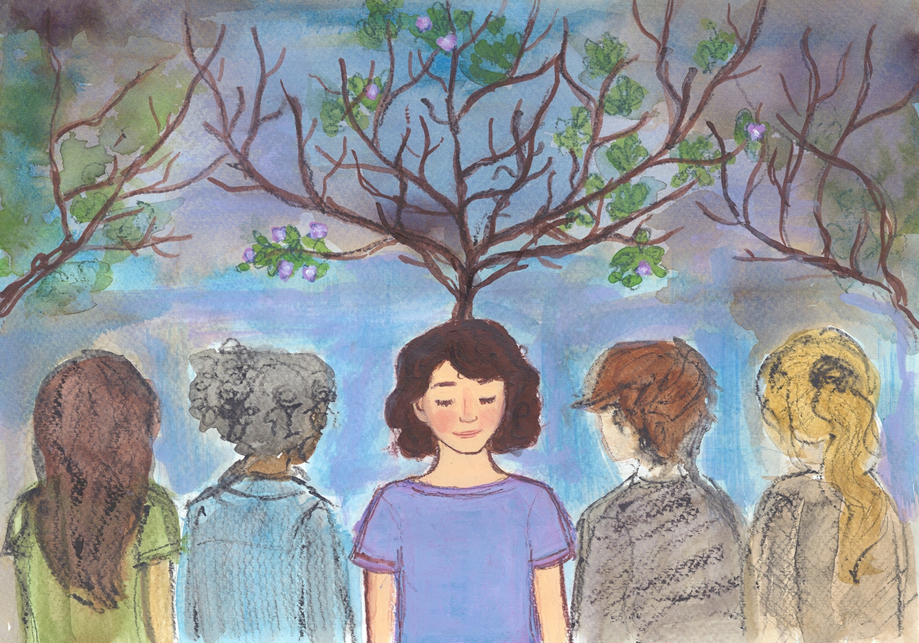 Photograph of a watercolour painting. There are five young women standing in a group. The girl in the middle has brown curly hair and is smiling calmly. There are long tree branches extending out of the girl's head. There are a few leaves and some pink flowers on some of the branches. The four other young women are facing the woman in the middle. 