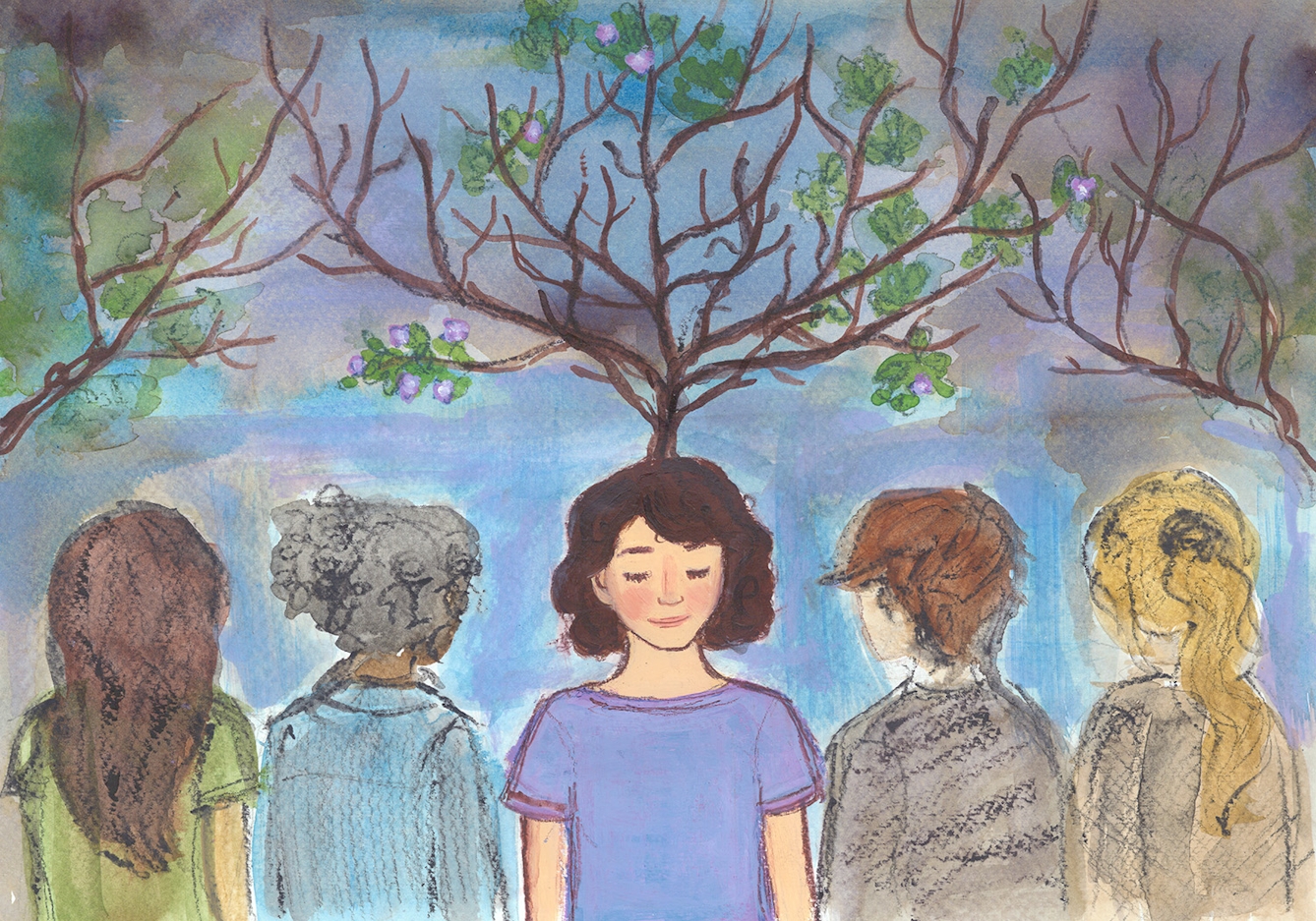 Photograph of a watercolour painting. There are five young women standing in a group. The girl in the middle has brown curly hair and is smiling calmly. There are long tree branches extending out of the girl's head. There are a few leaves and some pink flowers on some of the branches. The four other young women are facing the woman in the middle.