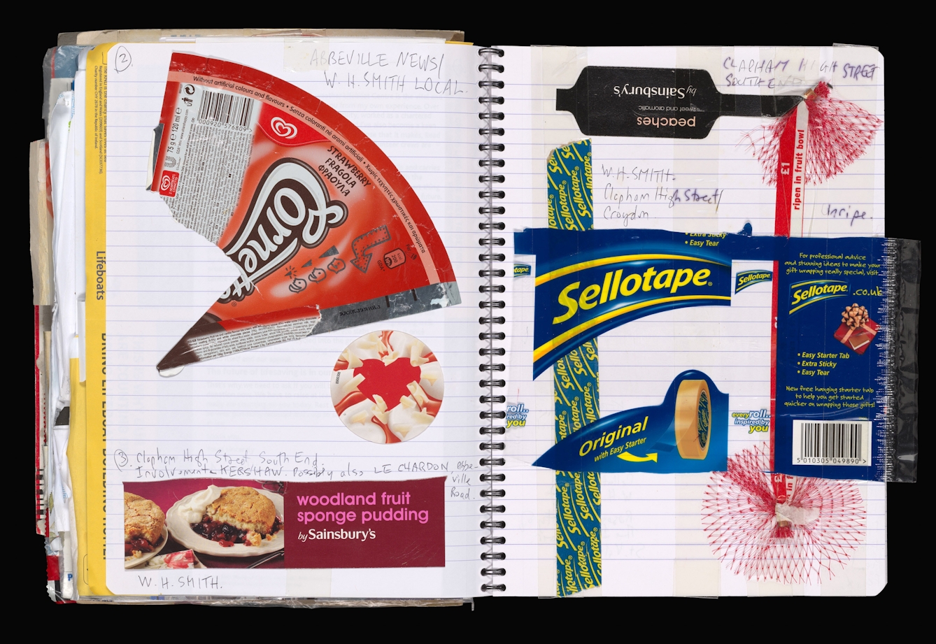 A photograph of a double page spread of a scrapbook with various food packaging and other ephemera pasted within it.  There are several handwritten annotations on the pages.