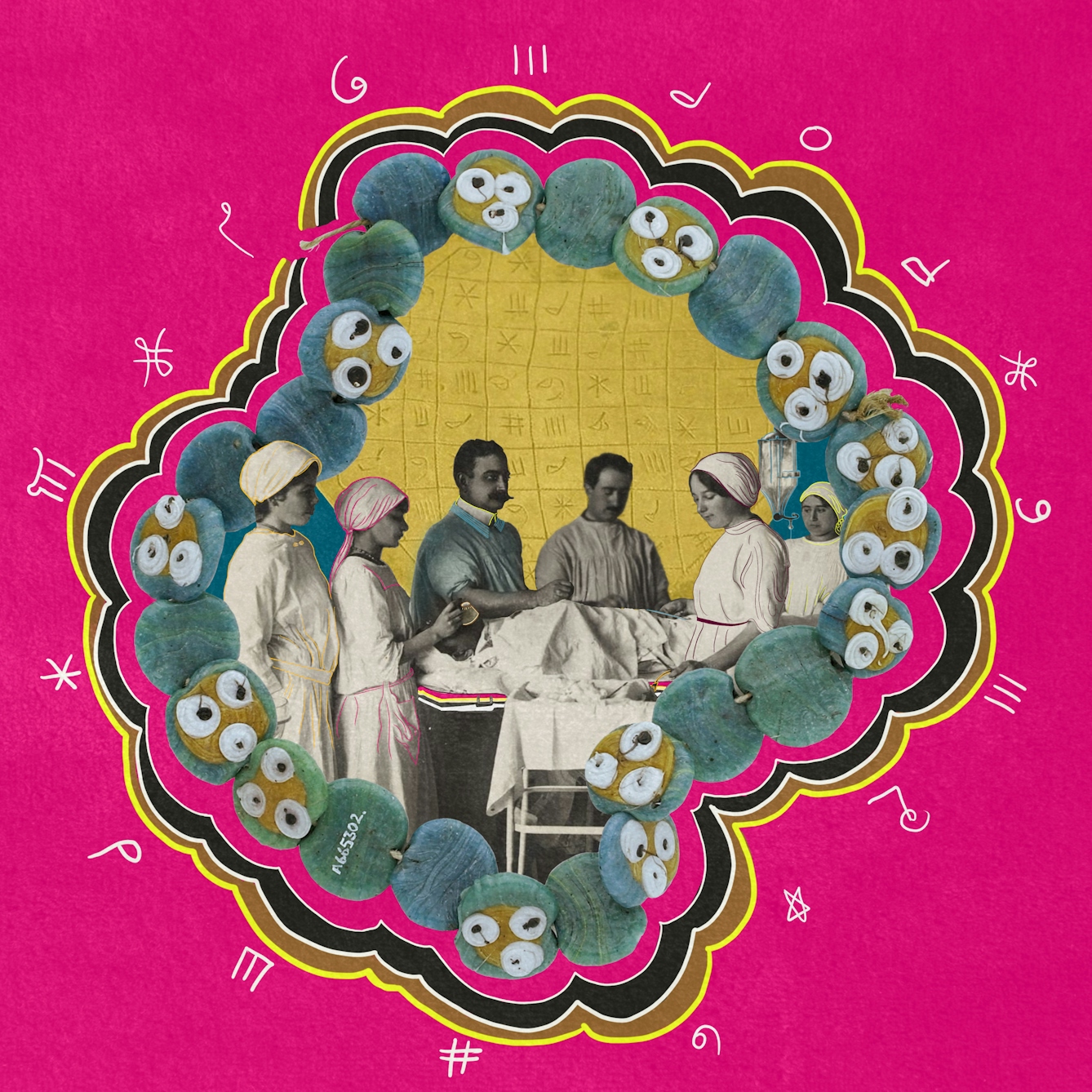 Digital collaged artwork using black and white archive imagery and over-drawn colourful graphical elements. The artwork shows an archive image of two male doctors tenting to a patient, surrounded by female nurses. Behind then is a golden background.Encircling them is an evil eyed amulet necklace. Surrounding this are ribboned patterns which follow the lines of the necklace, made up of yellows and browns. This is all set against a bright pink background.