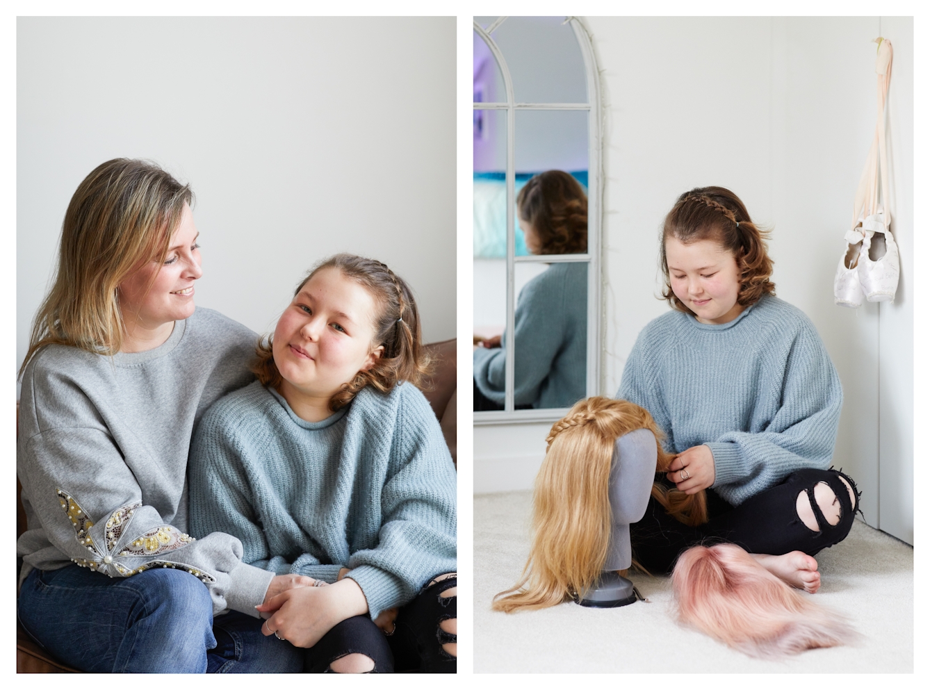 Photographic diptych. The image on the left shows a young girl and her mother sat on a sofa in an embrace and holding hands. The young girl is looking to camera with a quiet smile on her face. Her mother is also smiling looking down towards her daughter. The image on the right shows the same young girl siting on the floor of her bedroom, cross legged. In front of her on the floor are two wigs. One of them is blonde and is sitting on a mannequin head. The other is a light pink colour and is lying on the floor. The girl is in the process of caring for the blonds wig with strands of hair in her hands and she's looking down towards in with a slight smile on her face. Behind her is am arched mirror on the wall and a pair of ballet shoes hanging from a door handle.