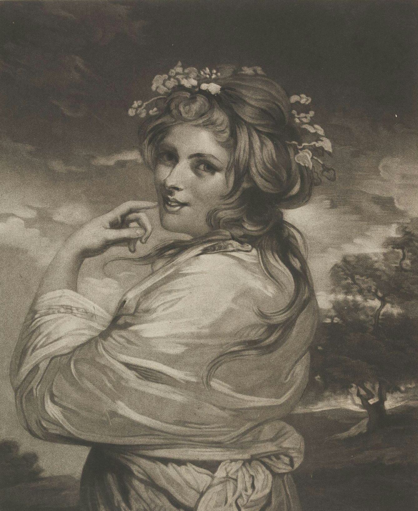 Half-length portrait, standing, turned to left and looking to front over her shoulder. The sitter has flowers in her hair and is standing in a landscape.