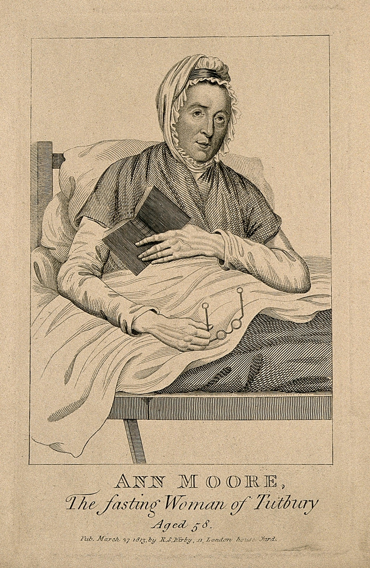 Black and white illustration of a woman sitting up in bed holding a book and a pair of glasses.