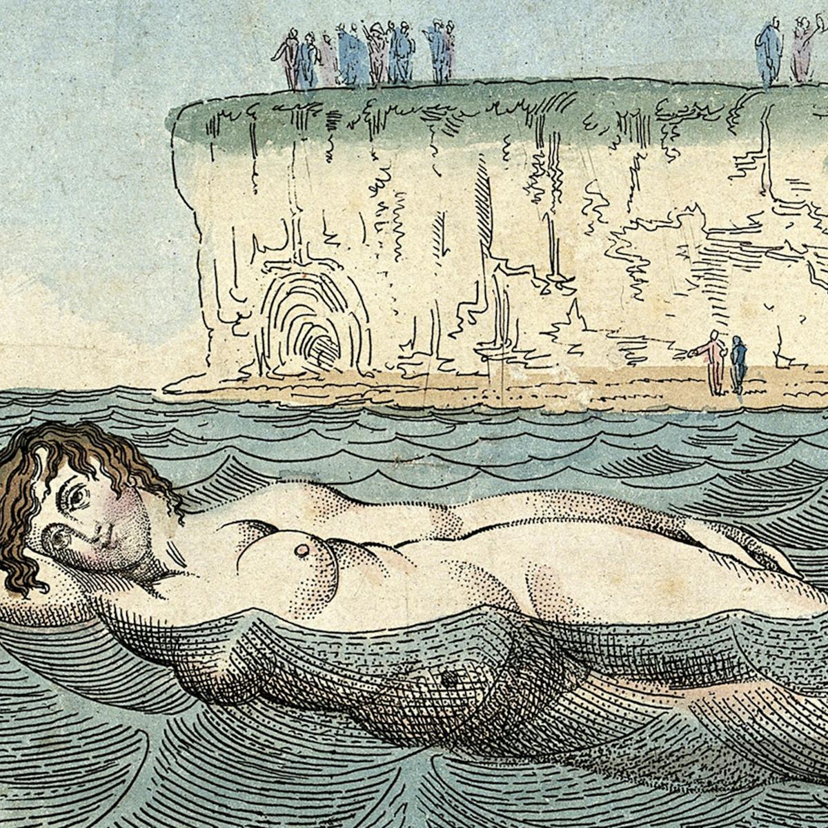 Drawing of a naked woman swimming in the sea, as distant figures stand on a cliff in the background