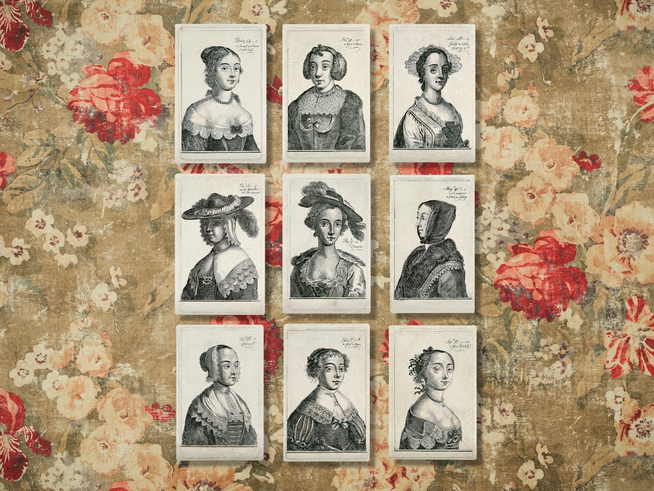 Digital composite image showing a floral renaissance worn fabric background. Resting on top of the background are 9 small etchings, each showing a portrait of a woman from the waist up. Each woman is wearing different clothes and hats from the 19th century. 	