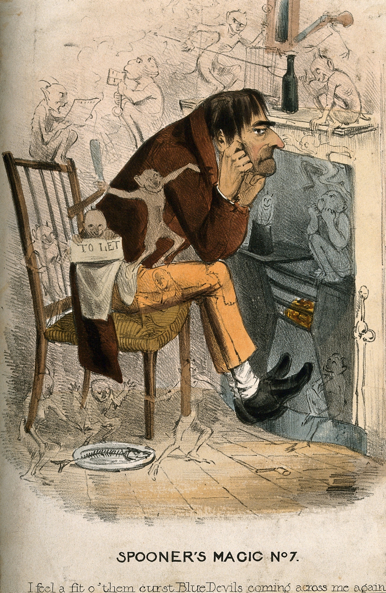 Coloured lithograph showing a man sitting on a wooden chair in front of a stove looking glum, with his chin resting on his hands and imp-like creatures frolicking around him. Lettering reads "I feel a fit o'them curst blue devil coming across me again".