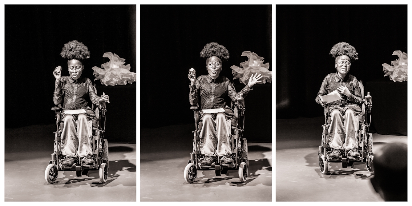 Photographic triptych, black and white with a warm tone. Each image shows the same young woman seated in a wheelchair against a black curtain and lit by a spotlight. She is performing to an audience. Her facial expression and gesticulation changes in each image.