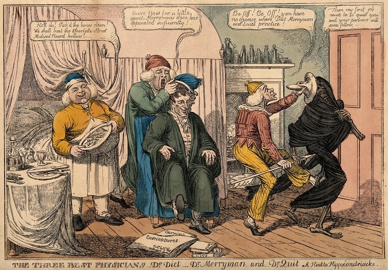 Image of coloured etching featuring a man in a dressing gown on chair surrounded by three other men and a skeleton in a black cloak running away.