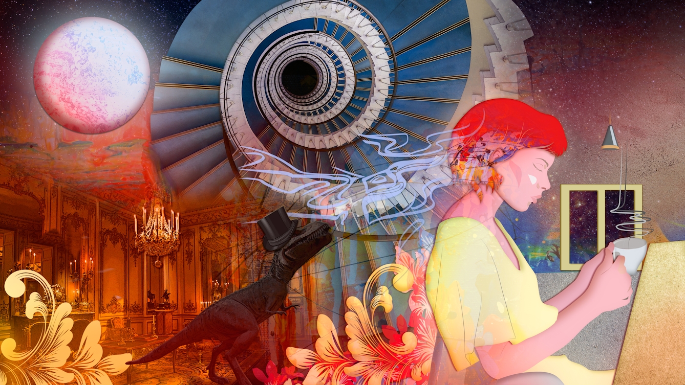 Digital artwork using a colourful, fantastical approach. The artwork shows a woman in profile sat at a table on the right hand side holding a steaming tea cup in her hands, eyes closed. Behind her is a cosmic, star scattered background. In the centre and to the left of the image is a montage of elements, a large spiral staircase, a dinosaur wearing a top hat, a large ornate dining room. In the top left corner is a moon-like orb. Swirling over and around her head, and out to the edges of the image are floral motifs and squiggly lines of reds, yellow, oranges and blues. The whole scene has a dream-like feeling to it.