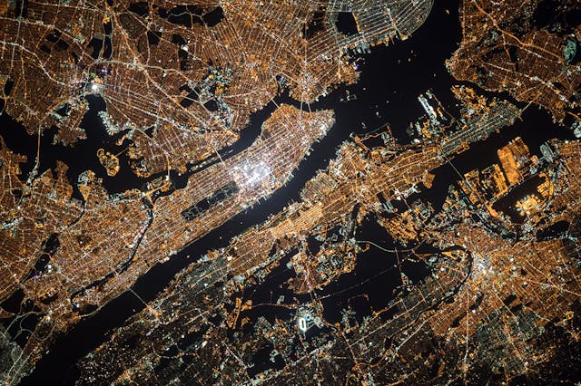 Aerial view of New York City at night