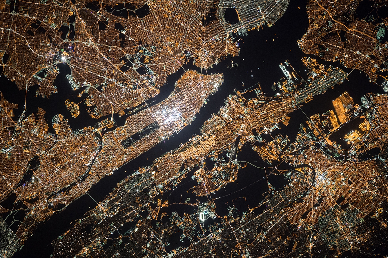 Aerial view of New York City at night