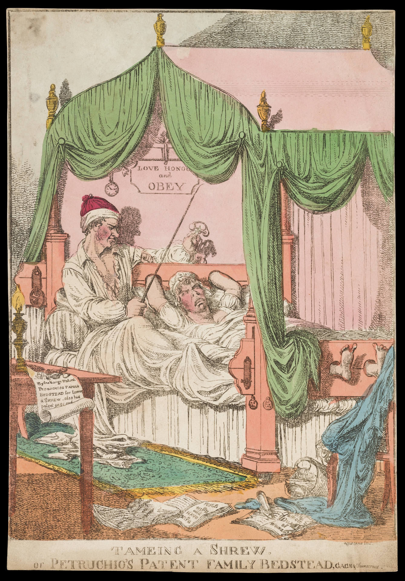 Colour illustration of a woman tied up in bed while a man sits up beside her. The husband has a whip and thumbscrews, around the floor lie sheets of paper which tell of the way a wife should behave.