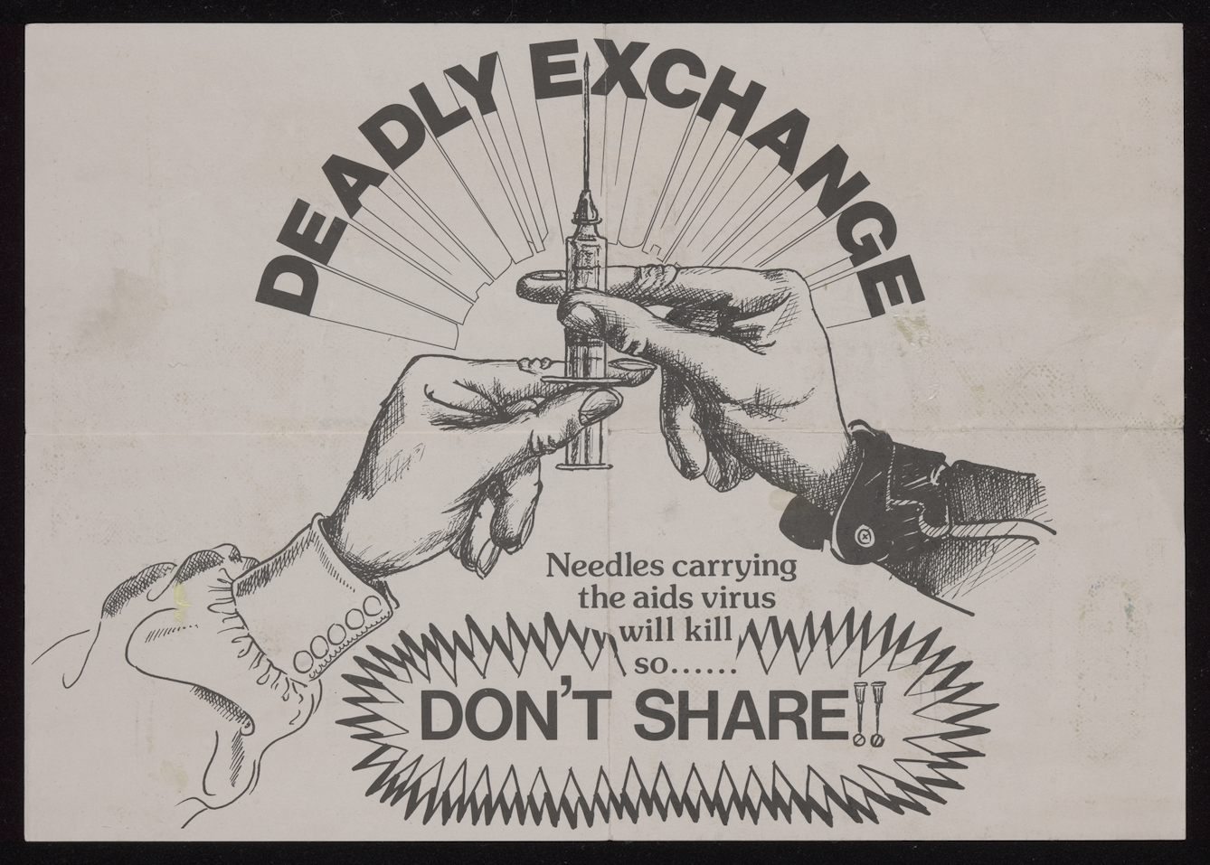 Black and white illustration of one hand giving a syringe to another hand, with the words 'deadly exchange' above in bold and capital letters.